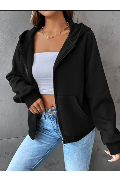 Unisex Siyah Kelebek Sırt Baskılı Ince Mevsimlik Kapşonlu Oversize Hırka - 3