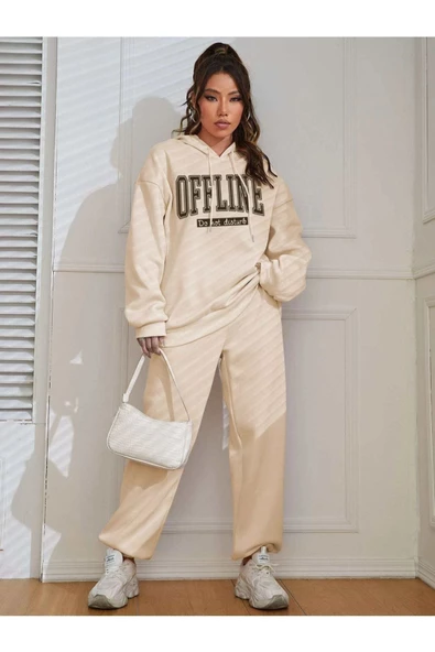 Kadın Bej Offlıne Baskılı Oversize Kapüşonlu Takım - 4