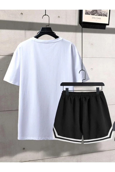 Erkek Beyaz Brooklyn 63 Baskılı Şort T-shirt Takım - 2