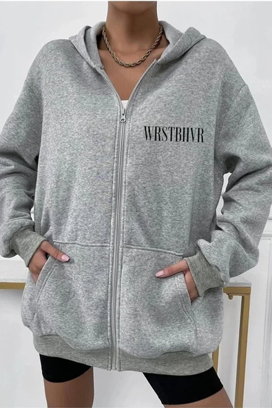 Unisex Gri Wrst Sırt Baskılı Ince Mevsimlik Kapşonlu Oversize Hırka - 3