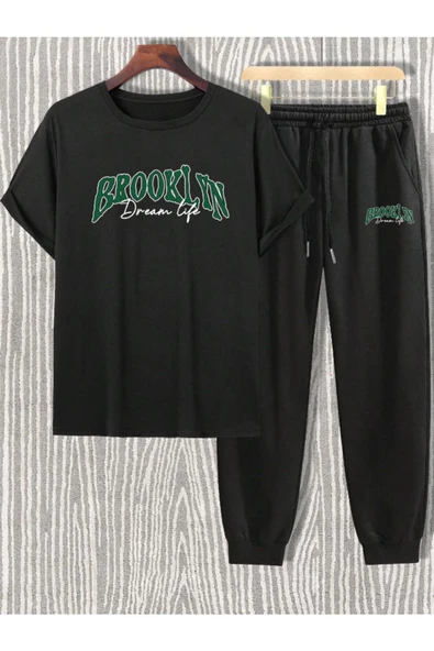 Erkek Siyah Brooklyn Dream Life Baskılı Eşofman Takım - 3