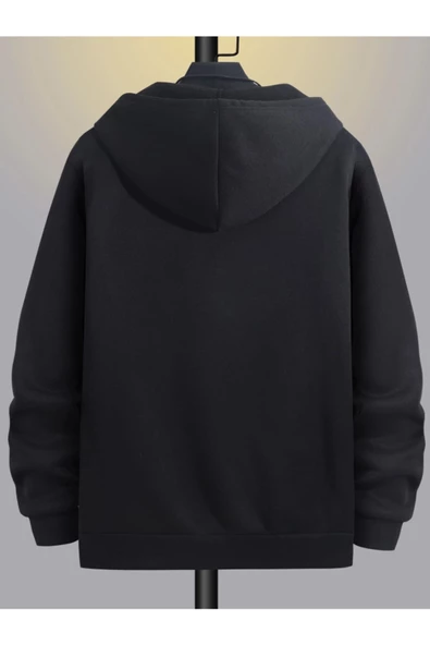 Erkek Siyah Paris İnce Çizgi Fermuarlı Kapüşonlu Hırka - 2