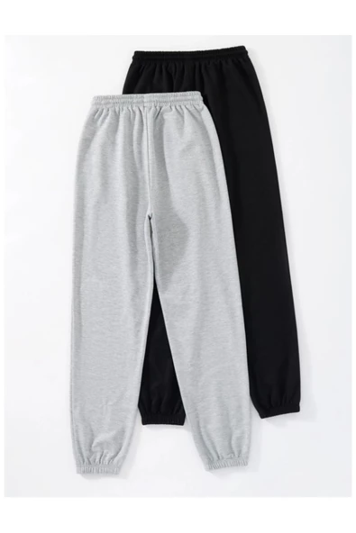 Kadın Siyah-Gri 2li Baskılı Eşofman Altı - 2