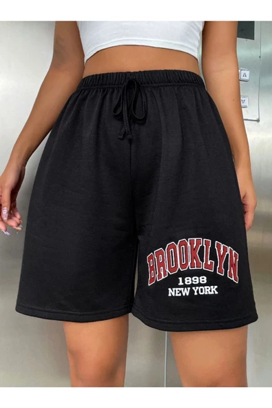 Kadın Siyah Brooklyn 1898 Baskılı Şort - 3