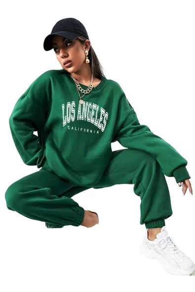 Kadın Los Angeles Baskılı Oversize Bisiklet Yaka Takım - 3