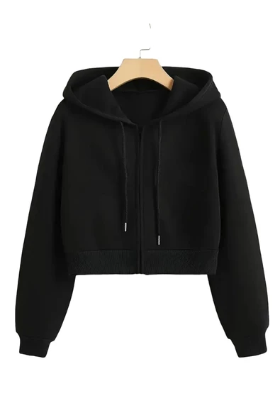 Kadın Fermuarlı Oversize Kapşonlu Crop Hırka - 2