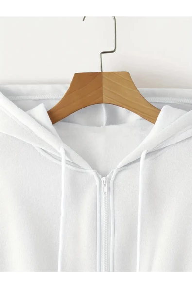 Kadın Fermuarlı Oversize Kapşonlu Crop Hırka - 4