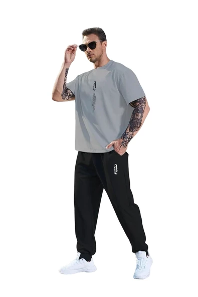 Erkek Dikey Baskılı Oversize Eşofman Takımı - 2