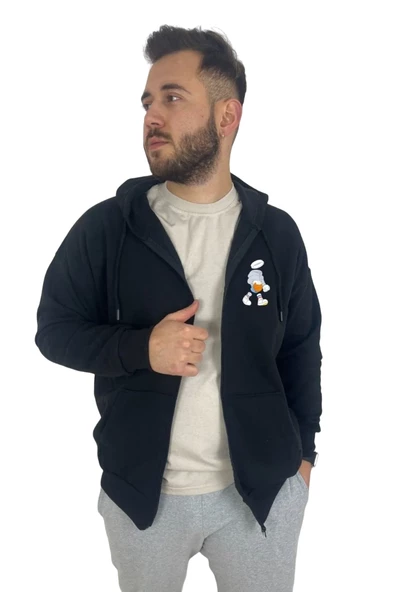 Unisex Gri Karikatür Baskılı Mevsimlik Oversize Kapüşonlu Hırka - 5