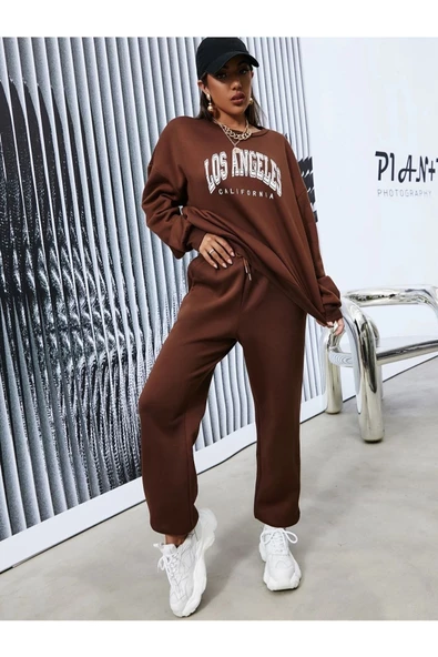 Kadın Los Angeles Baskılı Oversize Bisiklet Yaka Takım - 9