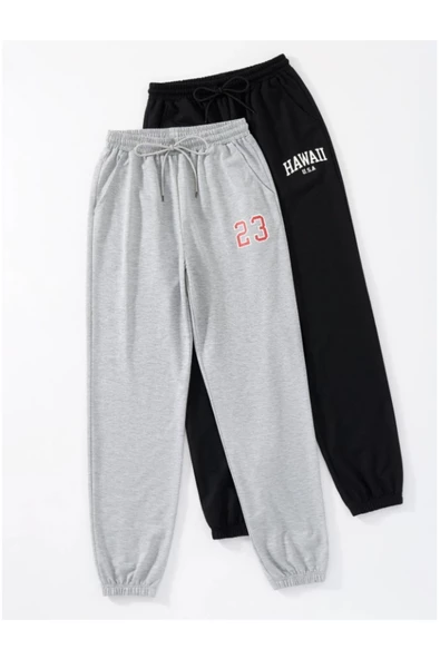 Kadın Siyah-Gri 2li Baskılı Eşofman Altı - 7