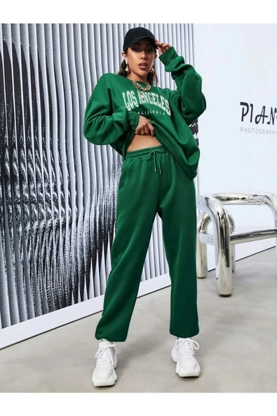 Kadın Los Angeles Baskılı Oversize Bisiklet Yaka Takım - 6