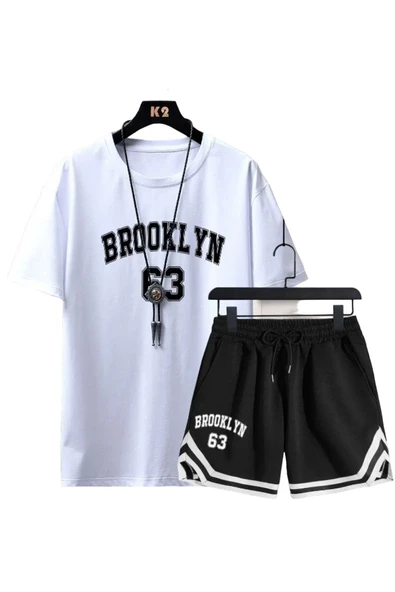 Erkek Beyaz Brooklyn 63 Baskılı Şort T-shirt Takım