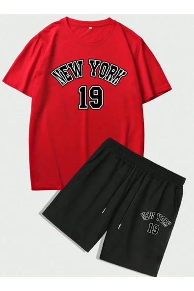 Erkek Kırmızı New York 19 Baskılı Şort T-shirt Takım - 3