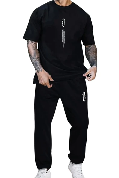 Erkek Dikey Baskılı Oversize Eşofman Takımı - 3