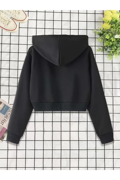 Kadın Fermuarlı Oversize Kapşonlu Crop Hırka - 7