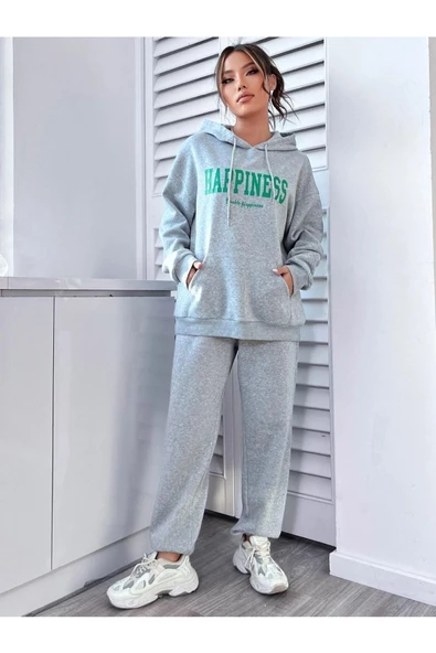 Kadın Happiness Baskılı Oversize Kapüşonlu Takım - 6