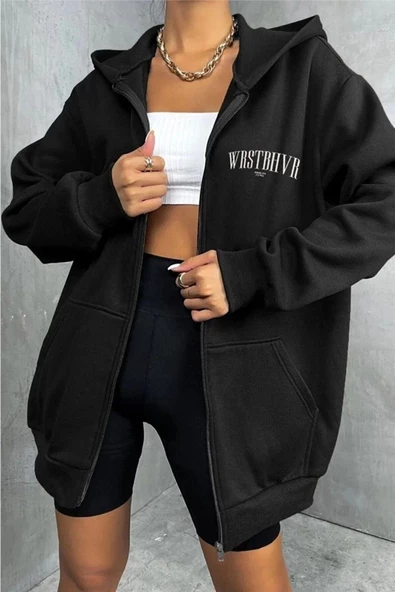 Unisex Gri Wrst Sırt Baskılı Ince Mevsimlik Kapşonlu Oversize Hırka - 4