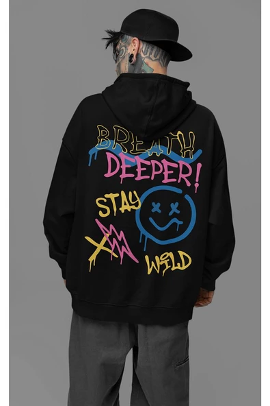 Breath Deeper ! Yazılı Unisex Oversize Tasarım Hoodie