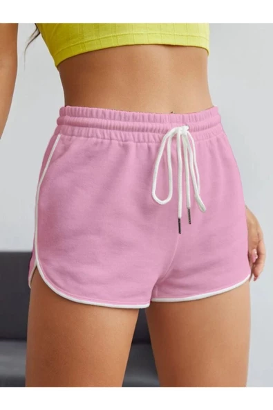 Kadın Pembe California Baskılı Biye Detayli Mini Şort - 6