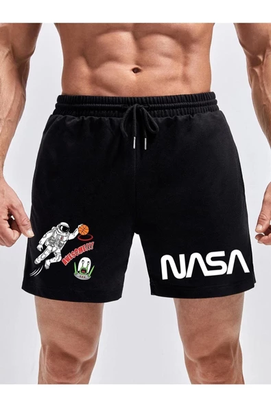 Erkek Siyah Nasa Astronot Baskılı Şort - 2