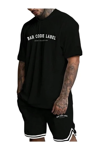 Erkek Siyah Bar Code Baskılı Şeritli Şort T-shirt Takım