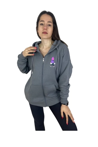 Unisex Gri Karikatür Baskılı Mevsimlik Oversize Kapüşonlu Hırka - 3
