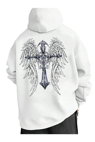 Erkek Beyaz Sırt Hac Baskılı Kapüşonlu Sweatshirt