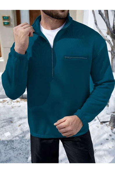 Erkek Göğüs Fermuarlı Oversize Polo Yaka Sweatshirt - 8