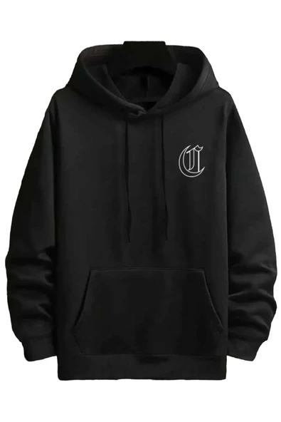 Erkek Siyah Chicago Sırt Baskılı Kapüşonlu Sweatshirt