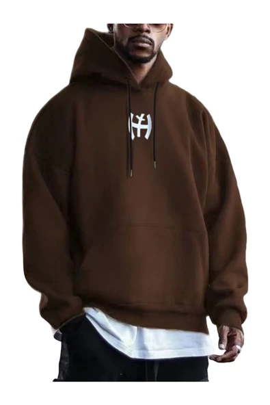 Erkek Kahverengi Y Logo Baskılı Kapüşonlu Sweatshirt