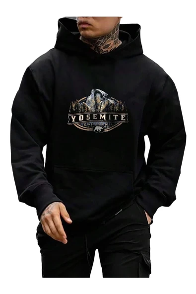 Erkek Siyah Yosemite Baskılı Kapüşonlu Sweatshirt