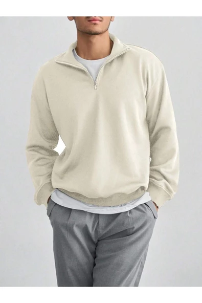 Erkek Yarım Fermuarlı Oversize Polo Yaka Sweatshirt - 4