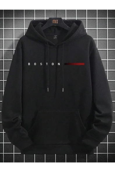 Erkek Boston Baskılı Oversize Kapşonlu Sweatshirt - 4