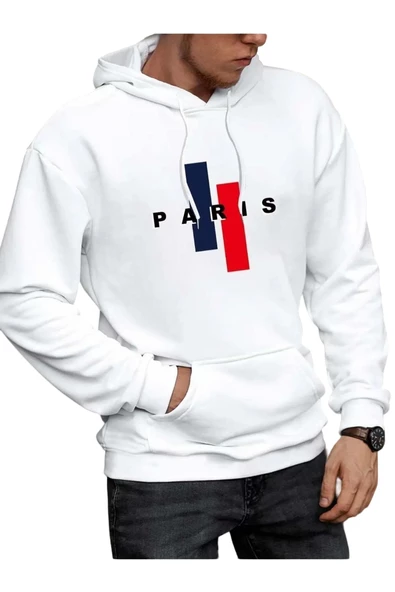 Erkek Beyaz Dik Paris Baskılı Kapüşonlu Sweatshirt