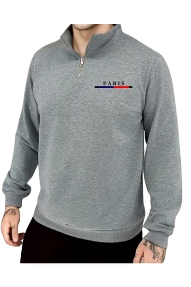 Erkek Paris Baskılı Yarım Fermuarlı Oversize Sweatshirt