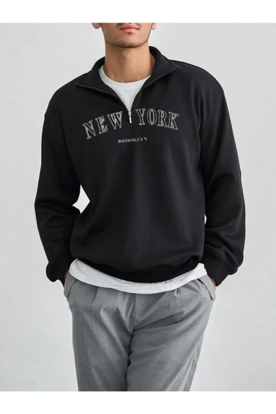 Erkek Siyah New York Baskılı Yarım Fermuarlı Oversize Polo Yaka Sweatshirt - 2