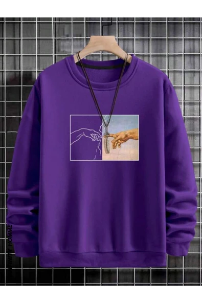 Erkek El Baskı Bisiklet Yaka Sweatshirt - 6
