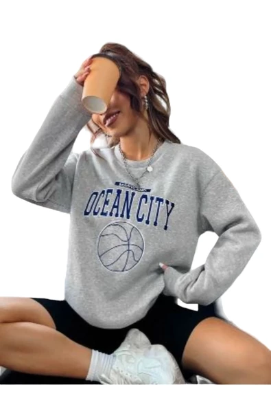 Kadın Gri Oceancity Bisiklet Yaka Sweatshirt