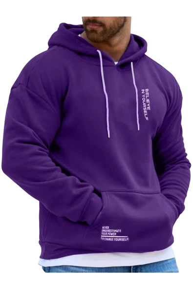 Erkek Believe Baskılı Oversize Kapşonlu Sweatshirt - 6