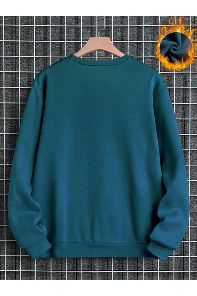 Erkek Petrol Mavi Paris Baskılı Oversize Bisiklet Yaka Sweatshirt - 3