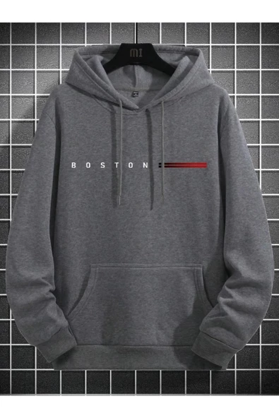 Erkek Boston Baskılı Oversize Kapşonlu Sweatshirt - 12