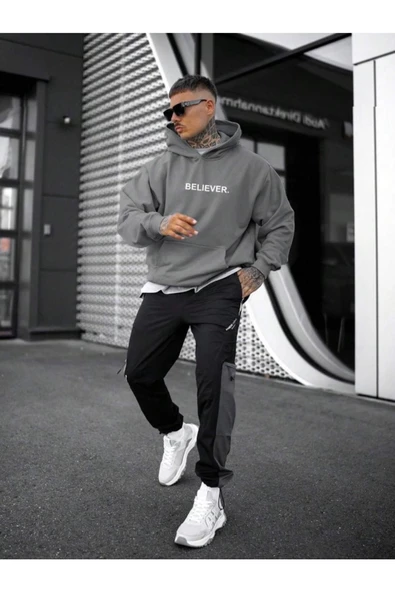 Erkek Believer Baskılı Oversize Kapşonlu Sweatshirt - 10