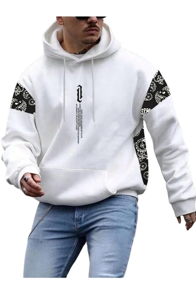 Erkek Dikey Baskılı Desenli Oversize Kapşonlu Sweatshirt