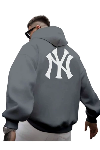 Erkek Ön Arka NY Baskılı Kapüşonlu Sweatshirt
