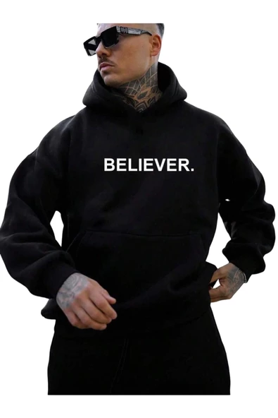 Erkek Believer Baskılı Oversize Kapşonlu Sweatshirt - 2