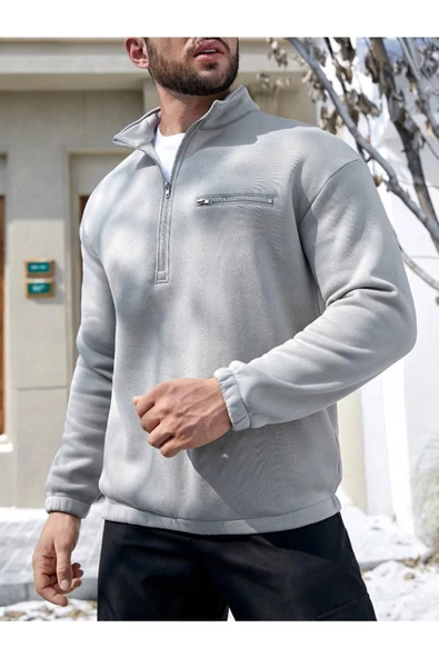 Erkek Göğüs Fermuarlı Oversize Polo Yaka Sweatshirt - 4