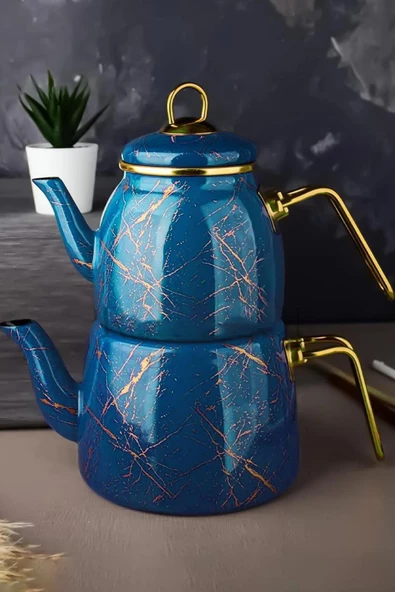 Nishev.com Evini Sev Elite Class Kırık Mermer Desenli Çaydanlık – Mavi - 2