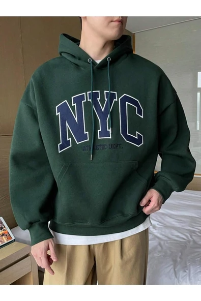 Erkek Siyah Nyc Baskılı Oversize Kapşonlu Sweatshirt - 10