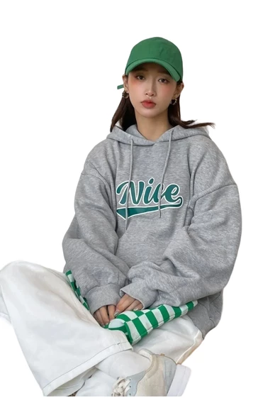 Gri Nice Baskılı Oversize Kapşonlu Sweatshirt